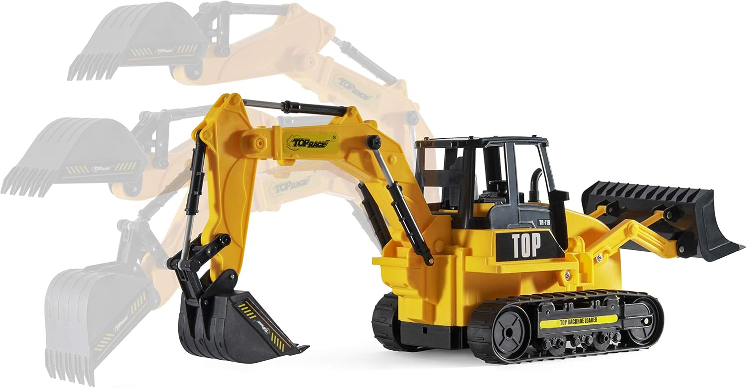 Top Race 8 Channel Full Functional RC Excavator Backhoe Loader, Battery Powered Electric RC Remote Control Construction Tractor with Lights & Sound TR-119