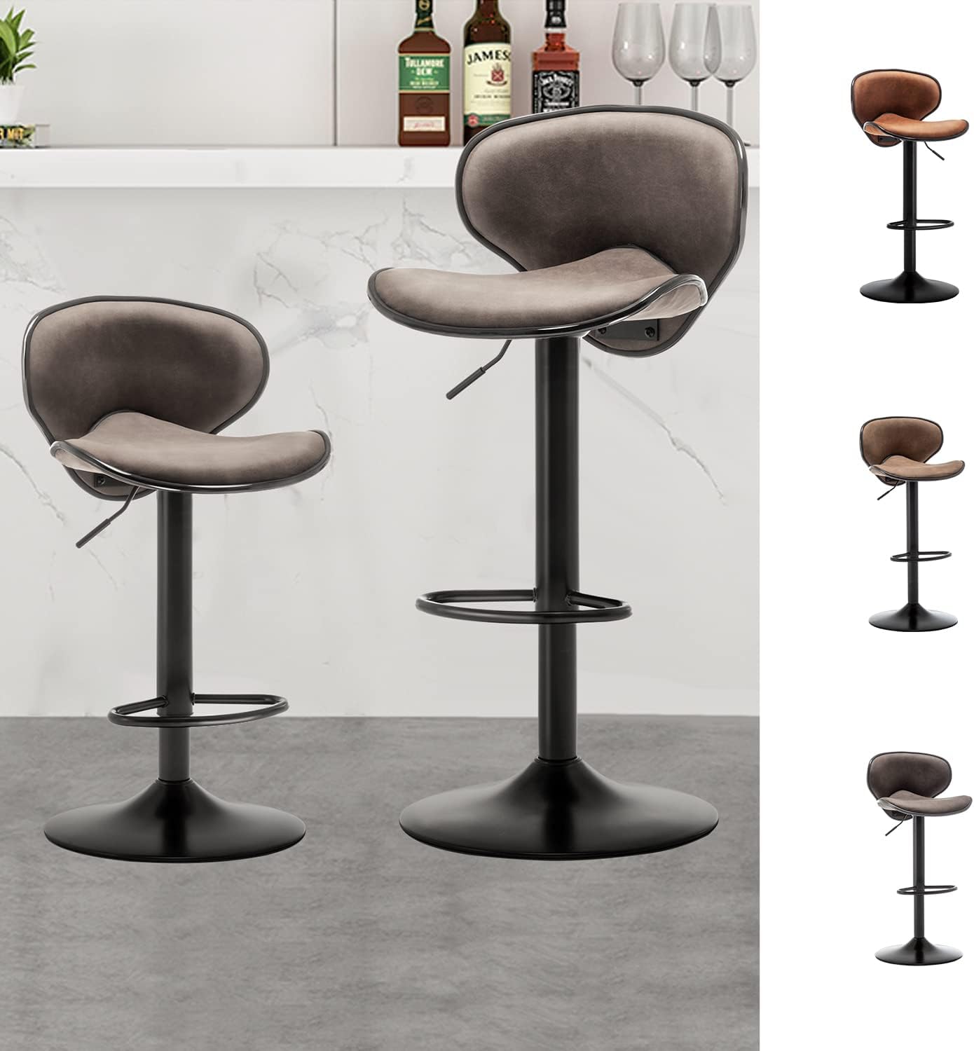 Guyanee Counter Height Bar Stools Set of 2, Adjustable Swivel Bar Stool Chair, Armless Barstools Modern Pub Leather Stools for Kitchen Counter with Back, Counter Height Stools Dining Chairs, Brown