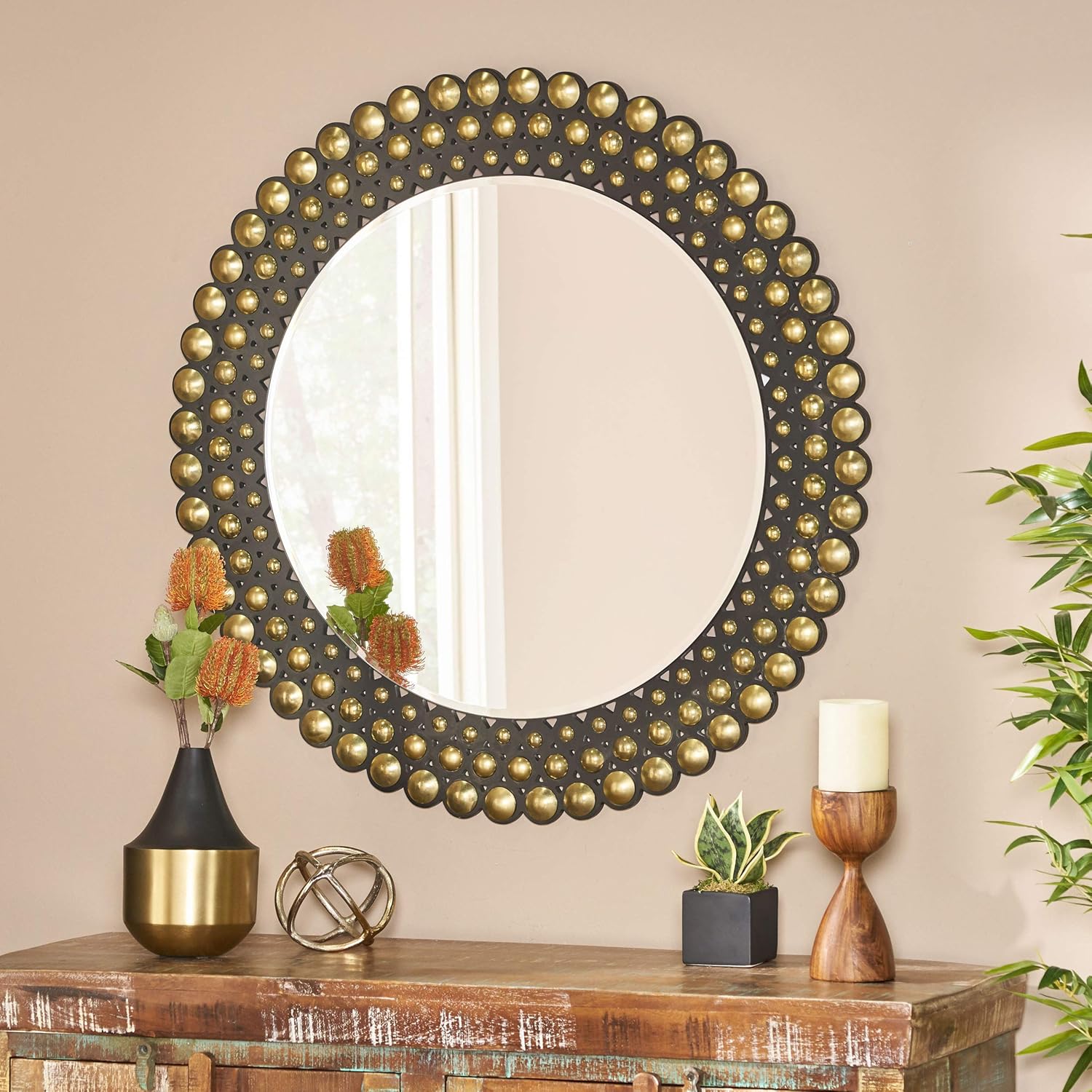 Karen Contemporary Studded Round Wall Mirror, Bronze and Black
