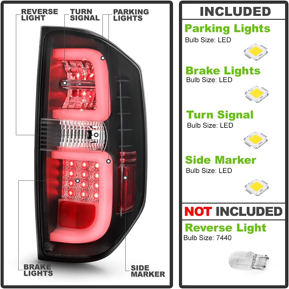 ACANII - For 2014-2019 Toyota Tundra Truck Black Lumileds LED Tube Tail Lights Brake Lamps Left+Right Assembly