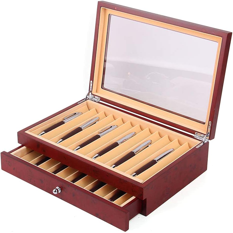 23 Piece Wood Pen Display Case Storage Box with Lod,Top Glass Window Pen Collection Orangizer Box,Red Pack of 2
