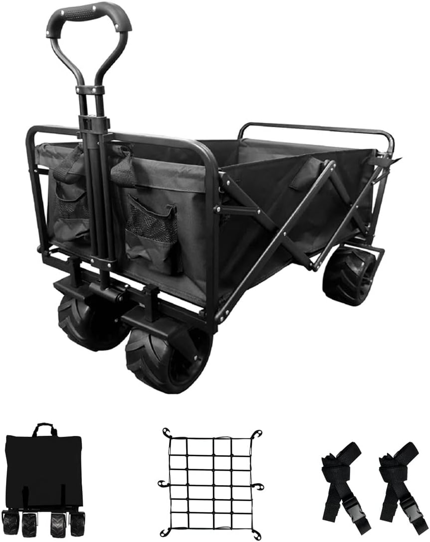 Collapsible Heavy Duty Beach Wagon Cart Outdoor Folding Utility Camping Garden Beach Cart with Universal Wheels Adjustable Handle Shopping (Blue)