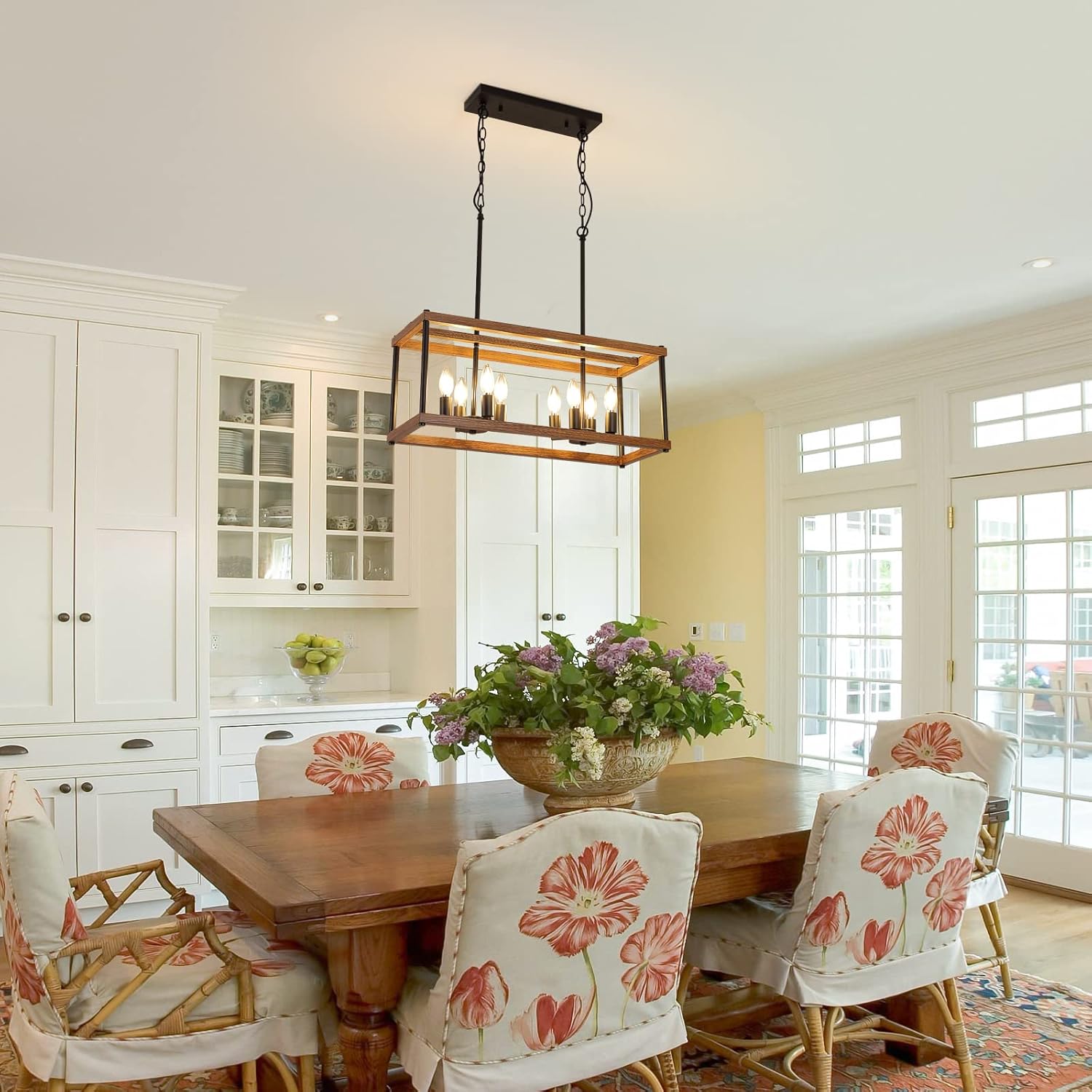 Eoodis Farmhouse Chandeliers for Dining Rooms, 8-Lights Kitchen Island Pendant Lighting, Modern Light Fixture for Living Room Restaurant, Wood and Matte Black Metal Finish