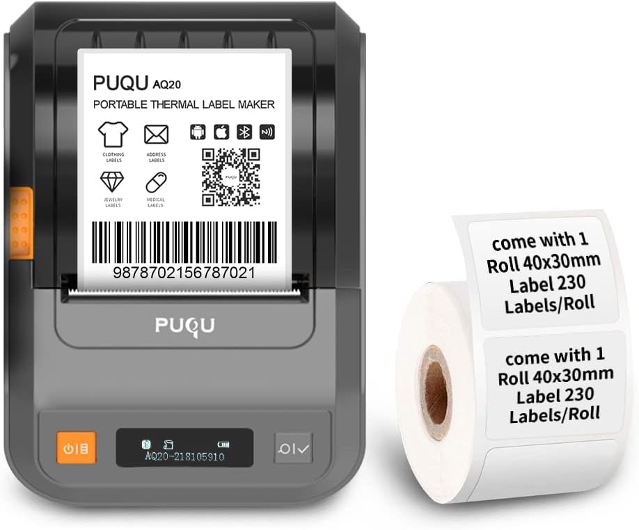 PUQU AQ20 Label Maker - Portable Label Maker Bluetooth Wireless Thermal Label Printer for Clothing, Jewelry, Retail, Cable, Mailing, Barcode and More, Compatible with Android & iOS System, Black