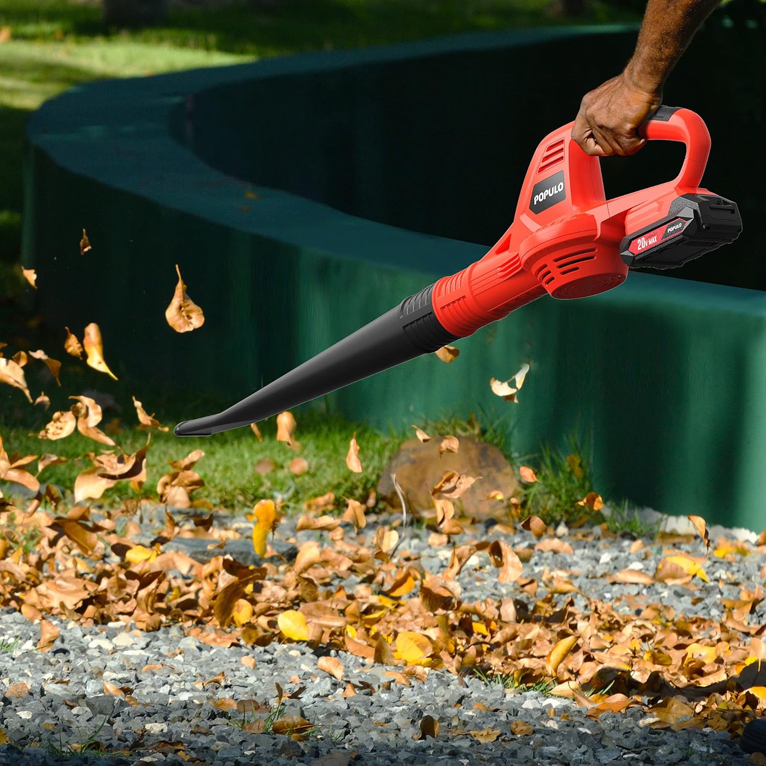 POPULO 20V Cordless Battery-Powered Leaf Blower, Lightweight and Compact Electric Blower with 2.0Ah Battery and Fast Charger Included, 150mph Wind Speed Air Blower for Lawn Care, Leaves, Snow Blowing&hellip;
