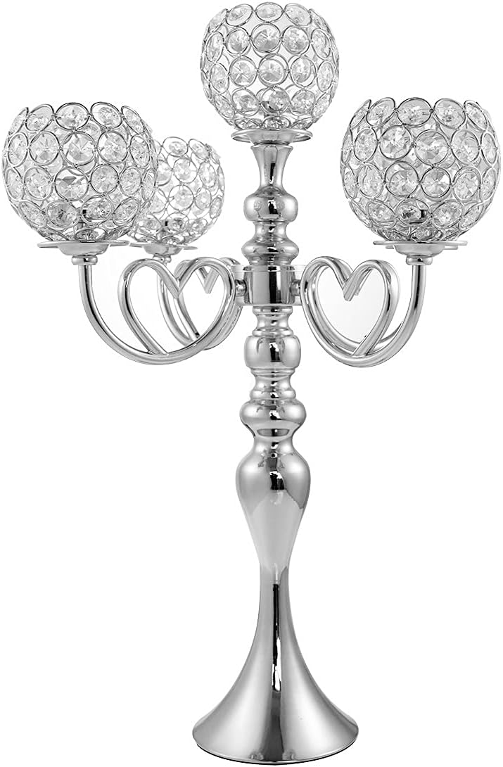 VINCIGANT 5 Arms Gold Candelabra/Crystal Candle Holders for Wedding Home Holiday Table Centerpieces Decoration Pack of 2