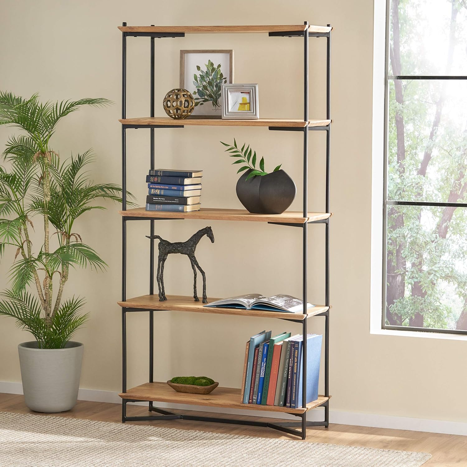 Christopher Knight Home Stanley Handcrafted Modern Industrial 5 Shelf Acacia Wood Etagere Bookcase, Natural, Black