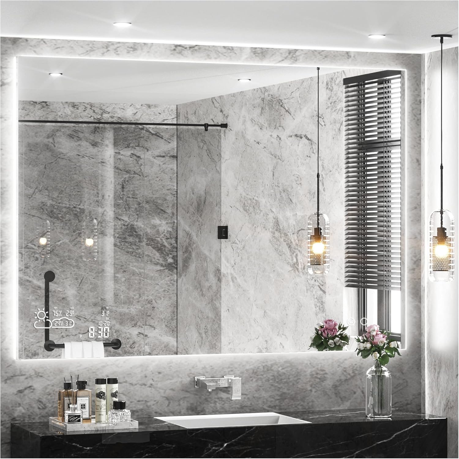 Keonjinn 40x32 Inch LED Backlit Bathroom Mirror, Smart WiFi Anti-Fog Dimmable Wall Mounted Vanity Mirror with Weather, Time, Temperature and Humidity Display