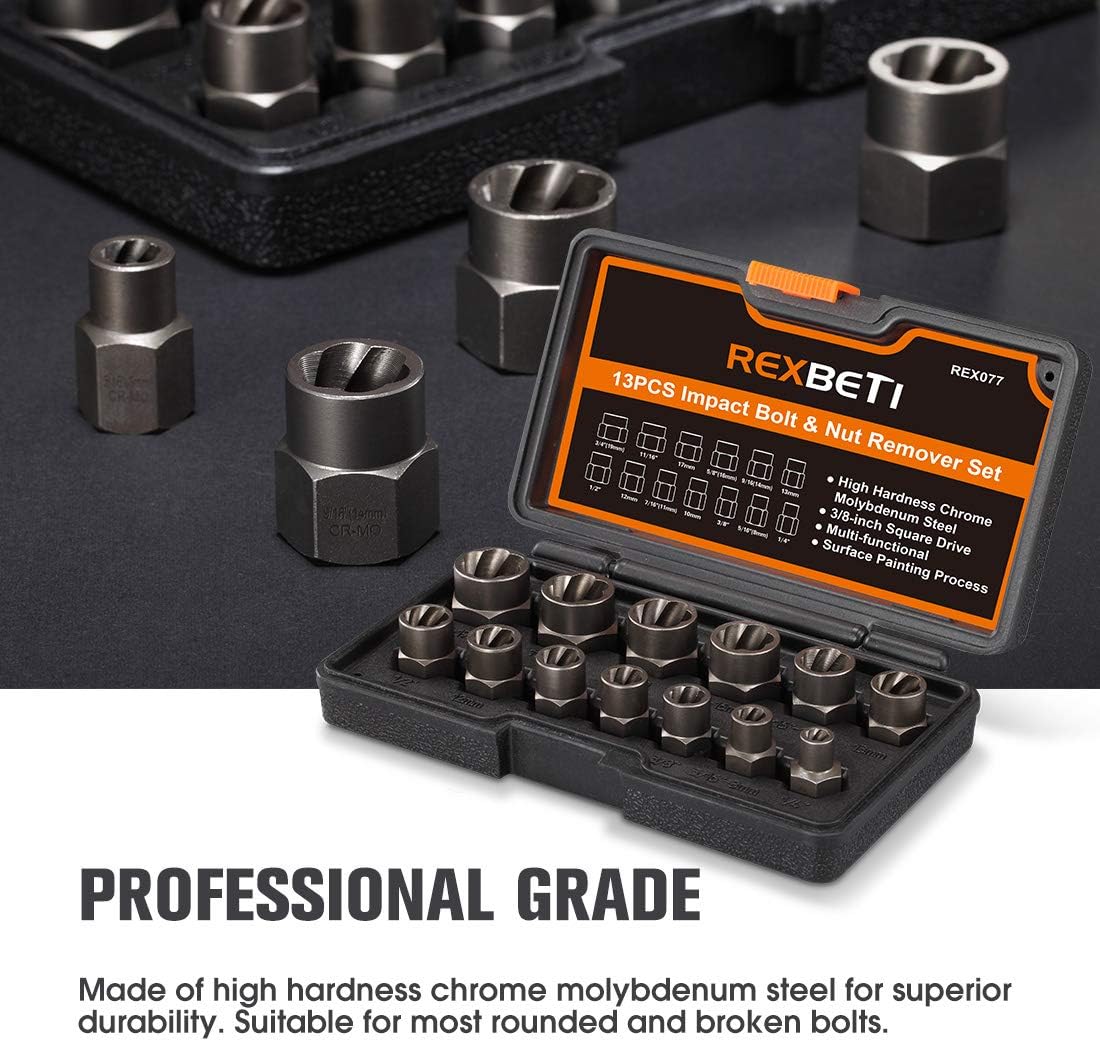REXBETI Impact Bolt & Nut Remover Set, 13 Pieces Bolt Extractor Tool Set with Solid Storage Case