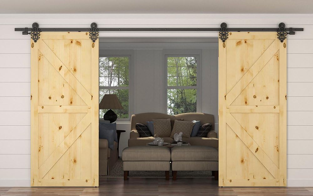 DIYHD 6.6FT Ornate Cut Roller Black Iron Sliding Barn Hardware, Single Door kit