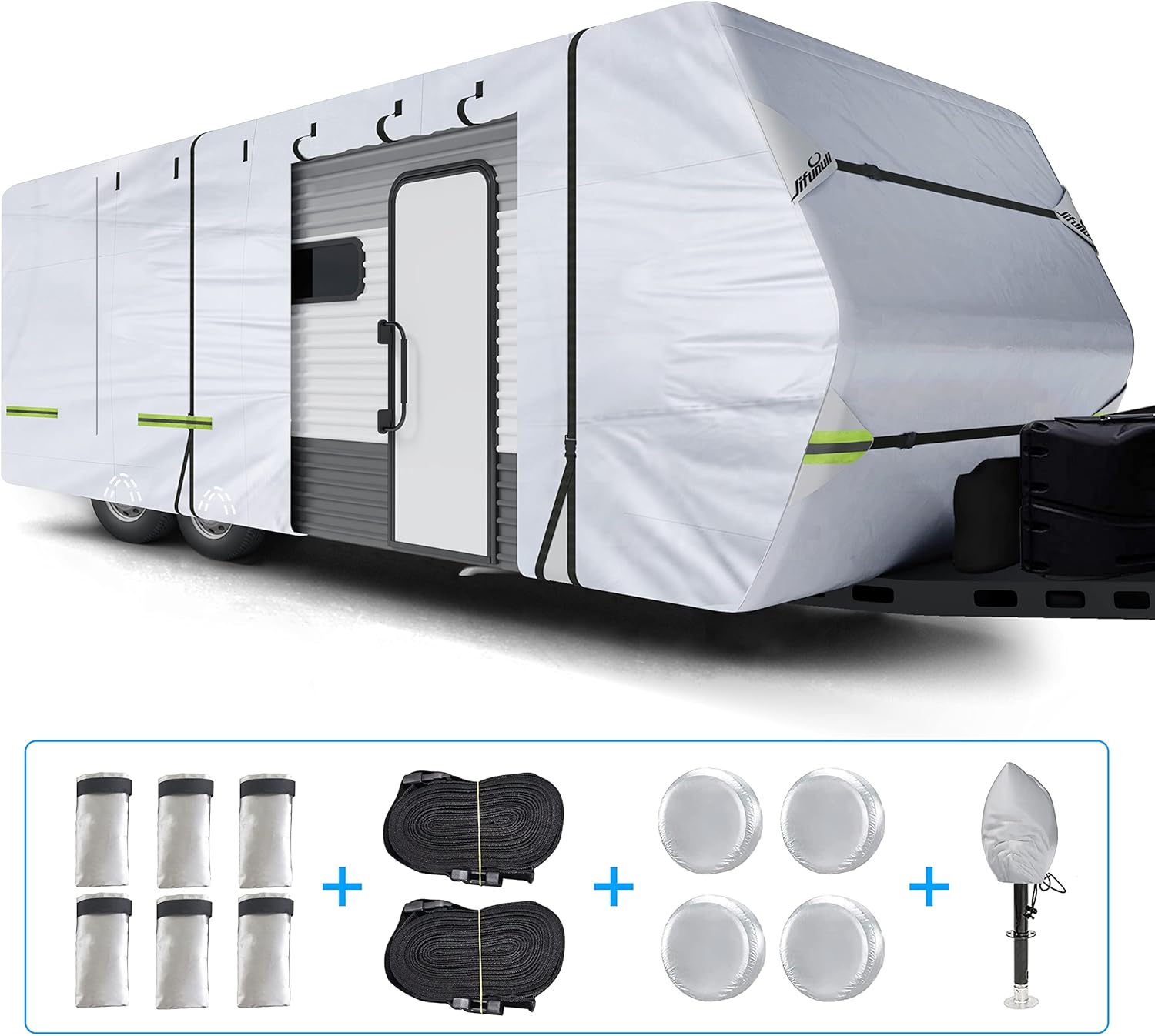 Jifunull Travel Trailer Cover, 500D Rip-Stop Windproof RV Cover Fits 30'-33' Motorhome, Upgraded Anti-UV & Waterproof Camper Cover with Tire Covers, Windproof Straps, Tongue Jack Cover, Gutter Covers