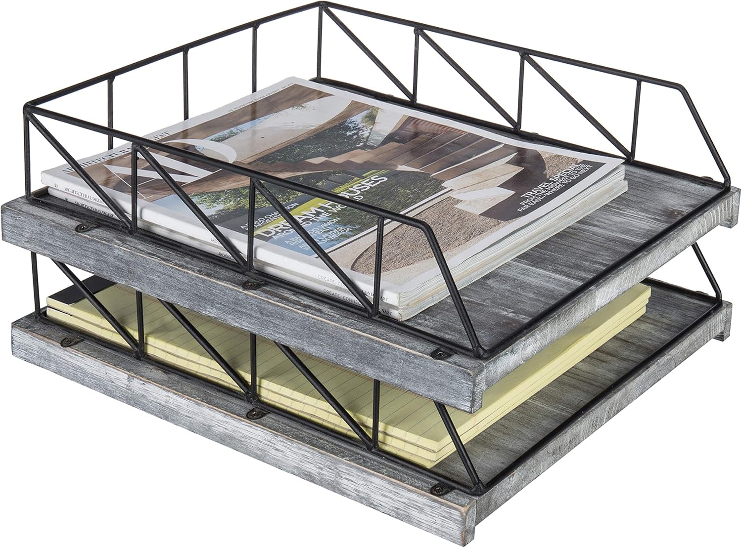 MyGift Set of 2 Vintage Gray Wood & Black Metal Stackable Document Trays Pack of 2