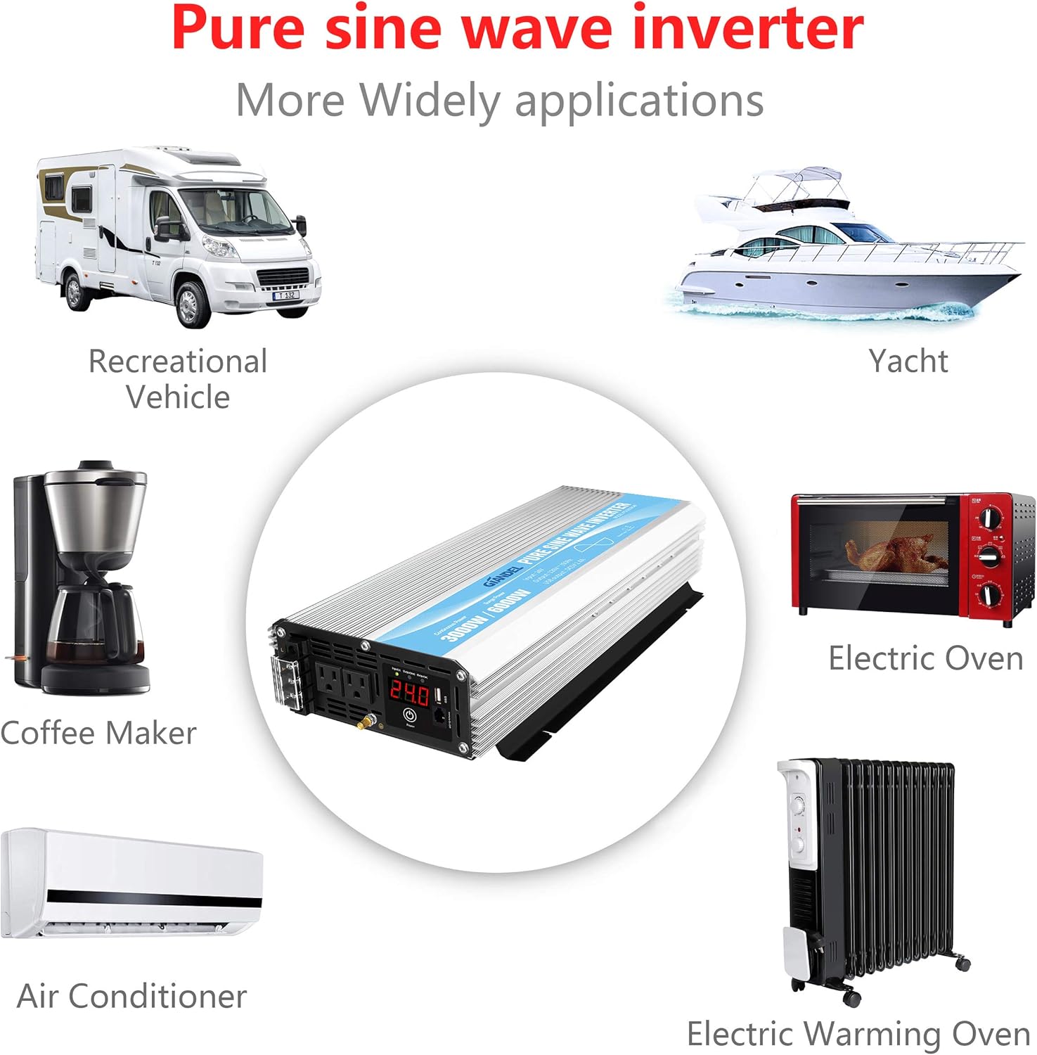 24V Pure Sine Wave Power Inverter 3000Watt DC 24V to AC120V with Dual AC Outlets with Remote Control 2.4A USB and LED Display