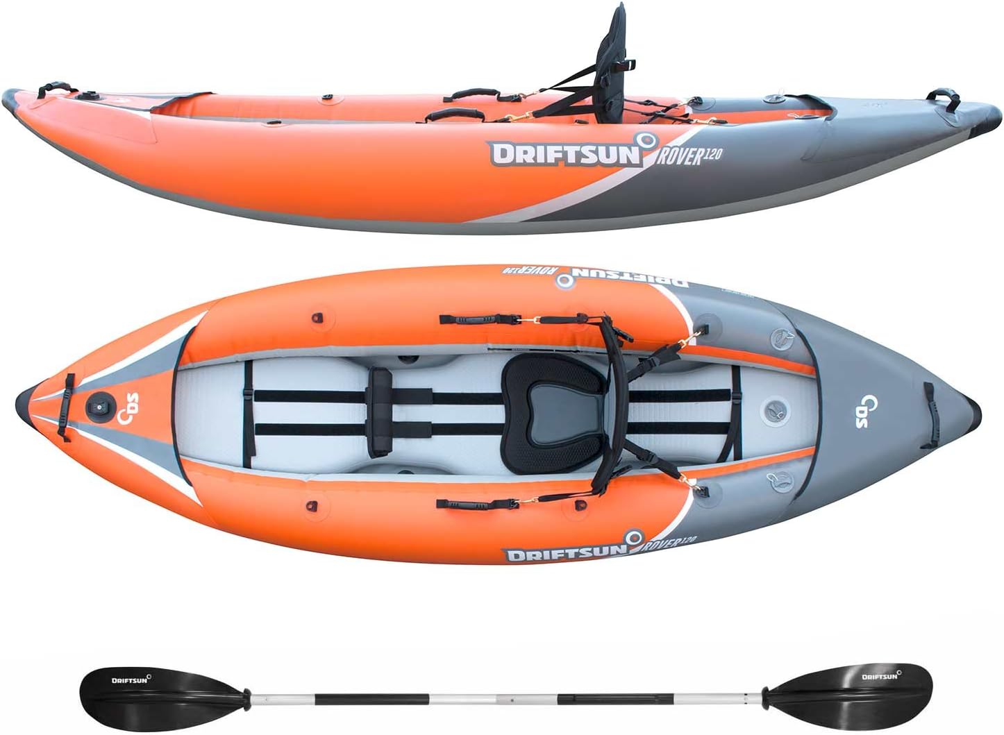 Driftsun Rover 120/220 Inflatable Tandem White-Water Kayak with High Pressure Floor and EVA Padded Seats with High Back Support, Includes Action Cam Mount, Aluminum Paddles, Pump and More