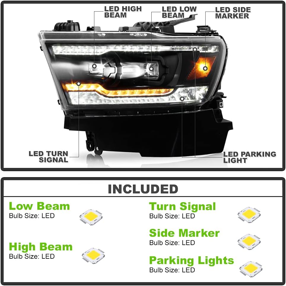 ACANII - For [Halogen Type] 2019-2021 Ram 1500 Black LED Tube Sequential Signal LED Dual Projector Headlights Headlamps