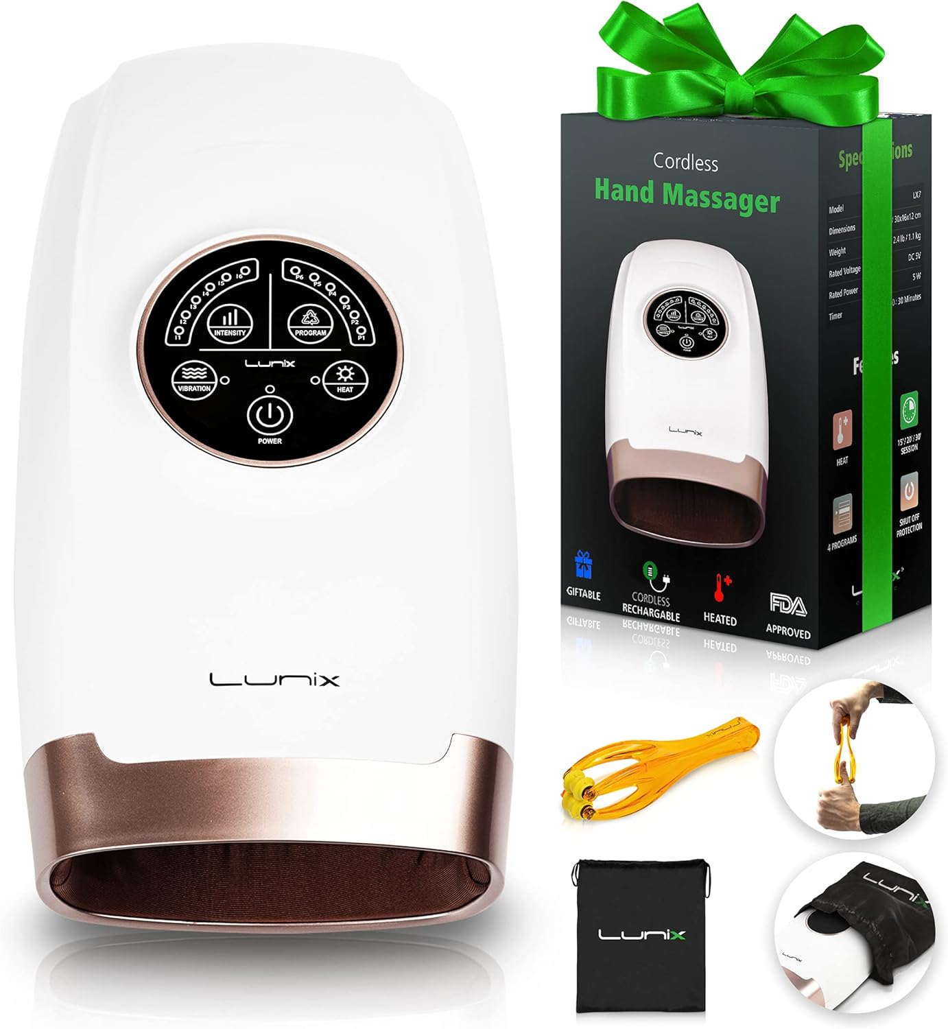 Lunix LX3 Cordless Electric Hand Massager with Compression, 6 Levels Pressure Point Therapy Massager for Arthritis, Pain Relief, Carpal Tunnel and Finger Numbness, Shiatsu Massage Machine with Heat