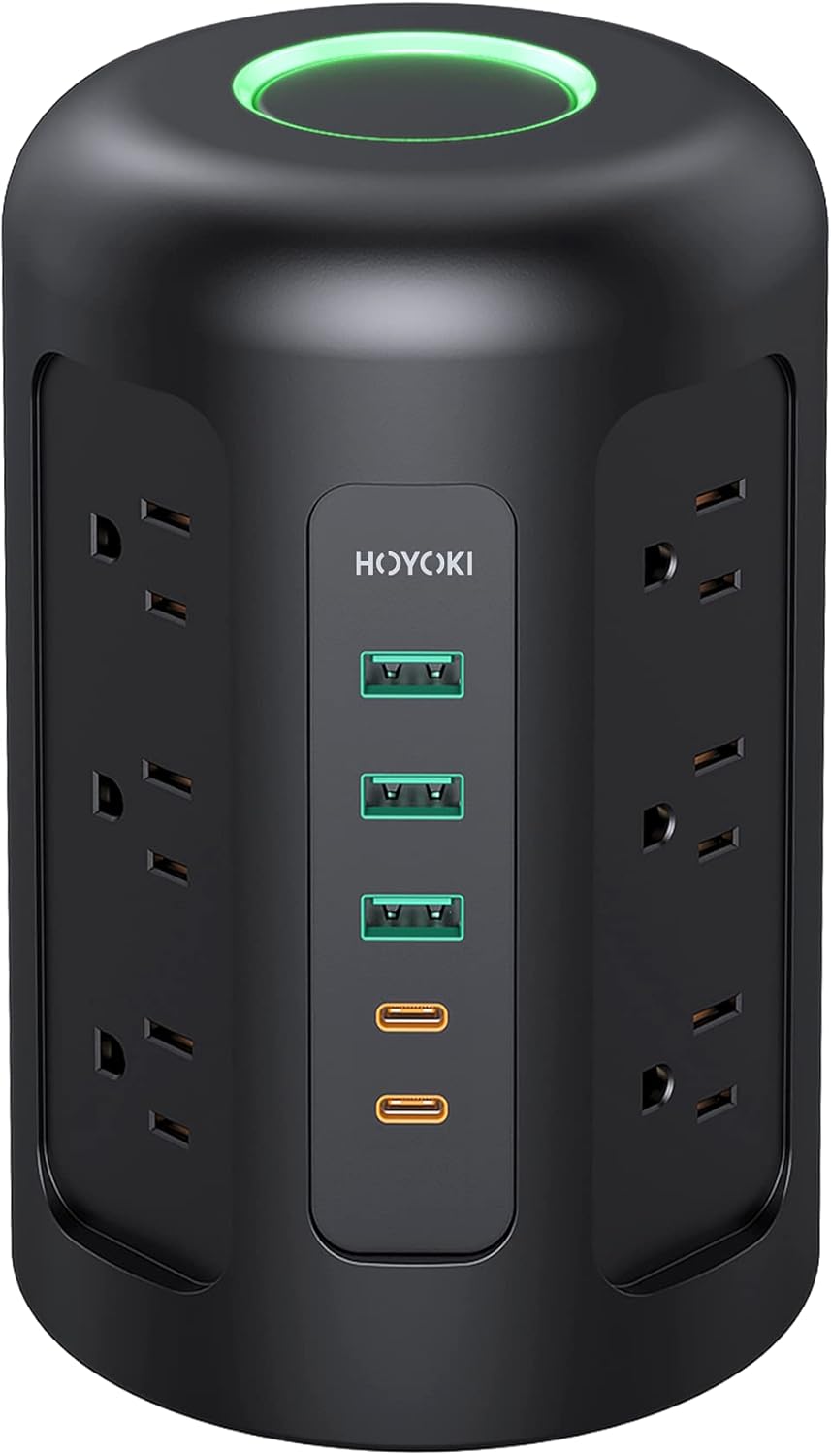2022 Newest Power Strip Tower with 12 Widely Spaced AC Outlets, 1500 Joules Surge Protector with 2 USB C Ports & 3 USB Ports & 5ft Cord, Charging Station for Phone, Tablet, Power Bank (Home/Office) Pack of 2