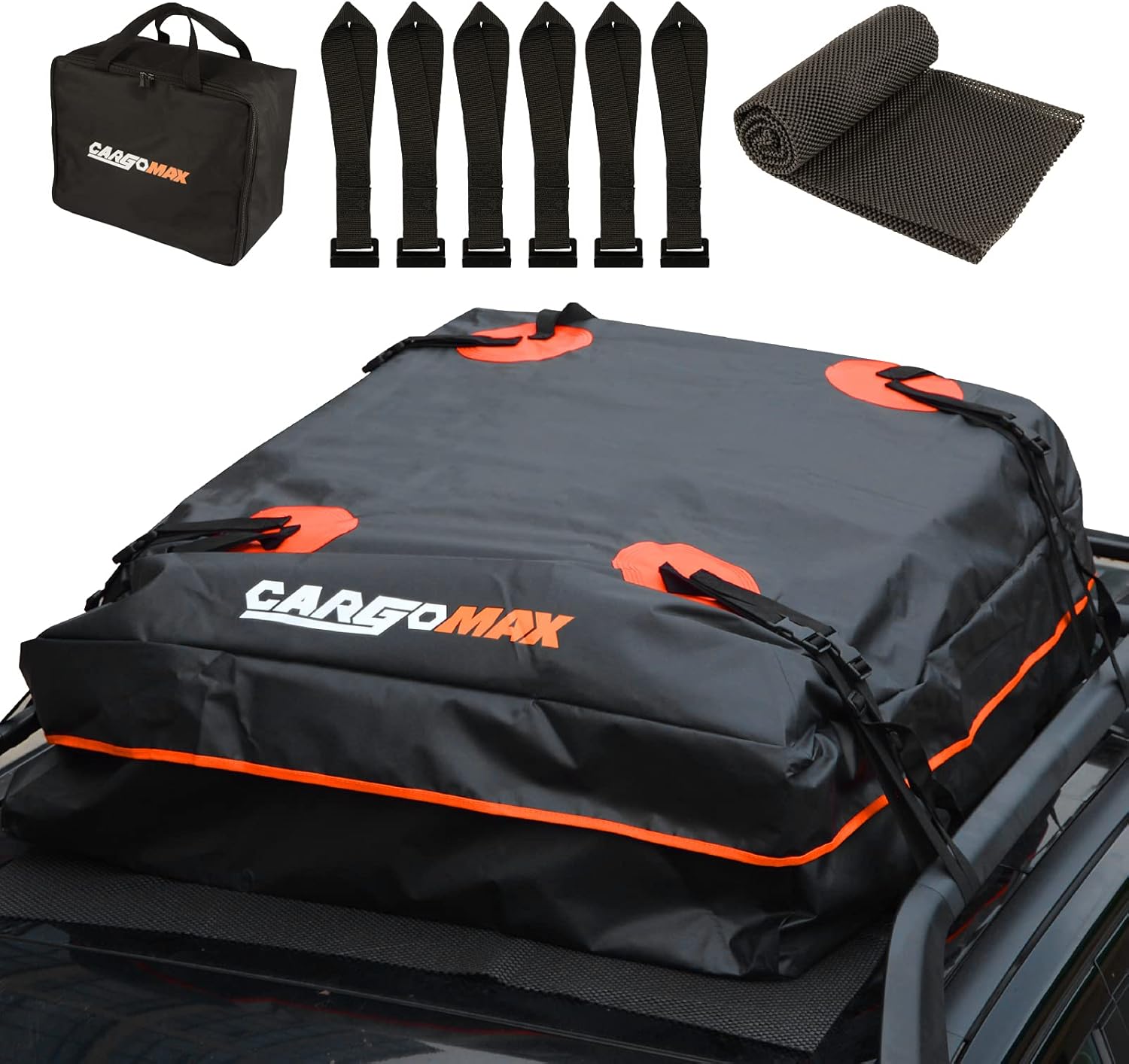 CARGOMAX Rooftop Cargo Carrier - Car Roof Cargo Carrier, 15 Cubit Feet Vehicle Cargo Carrier, Waterproof Car Roof Bag for All Vehicles with/Without Rack, Anti-Slip Mat, 8 Strong Straps, 6 Door Hooks