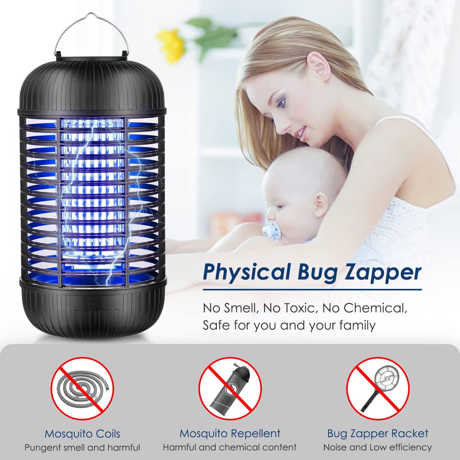 Bug Zapper for Indoor and Outdoor, Waterproof Electric Mosquito Zapper, High Powered Mosquito Killer with 15W UV Lamp, Widely Used for Home, Backyard, Patio