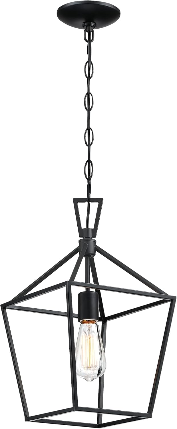 MOTINI 1-Light Black Lantern Pendant Light Foyer Farmhouse Small Cage Ceiling Pendant Lighting Fixture for Kitchen Island, Dining Room, Entryway