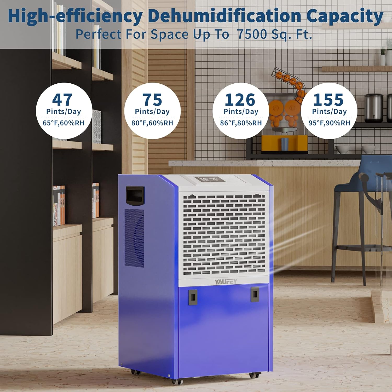 Yaufey 155 Pints Dehumidifier with Drain Hose, Commercial Dehumidifier for Large Basement, Industrial or Commercial Space, Auto Defrost