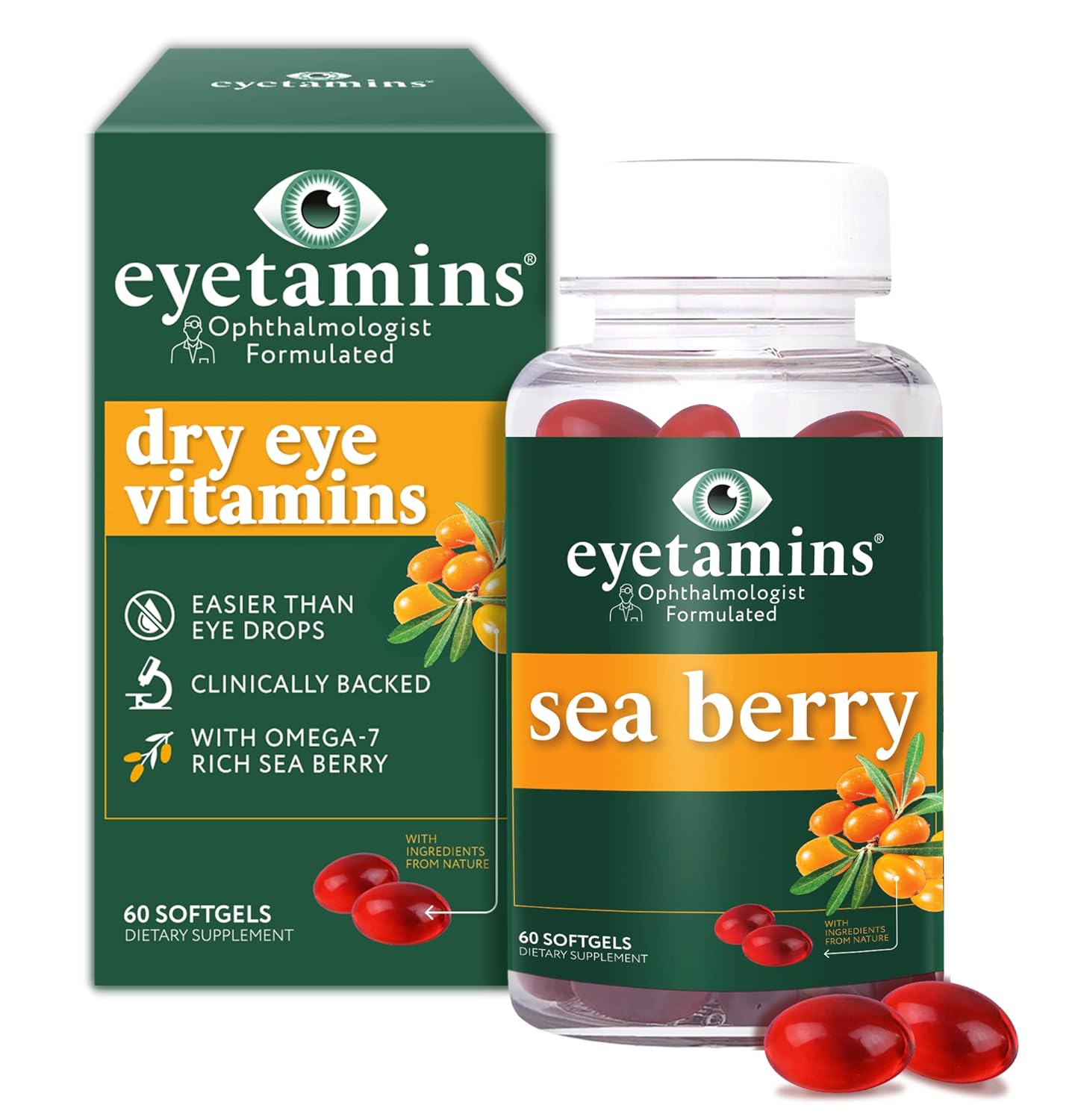 Eyetamins Dry Eye Comfort - 60 Softgels –Ophthalmologist- Formulated, Natural - Himalayan Sea Buckthorn Oil - Vegan and Non-GMO Formula Pack of 2