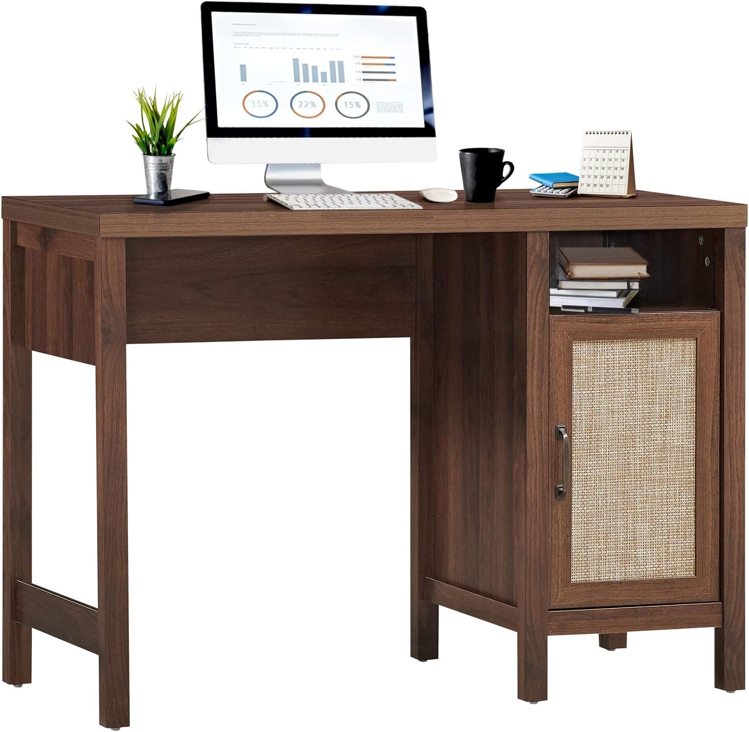 Tangkula Computer Desk with Storage Cabinet, Rustic Wooden Writing Desk Study Desk with Metal Handle, Compact Computer Desk Workstation Laptop PC Desk for Home Office, Walnut