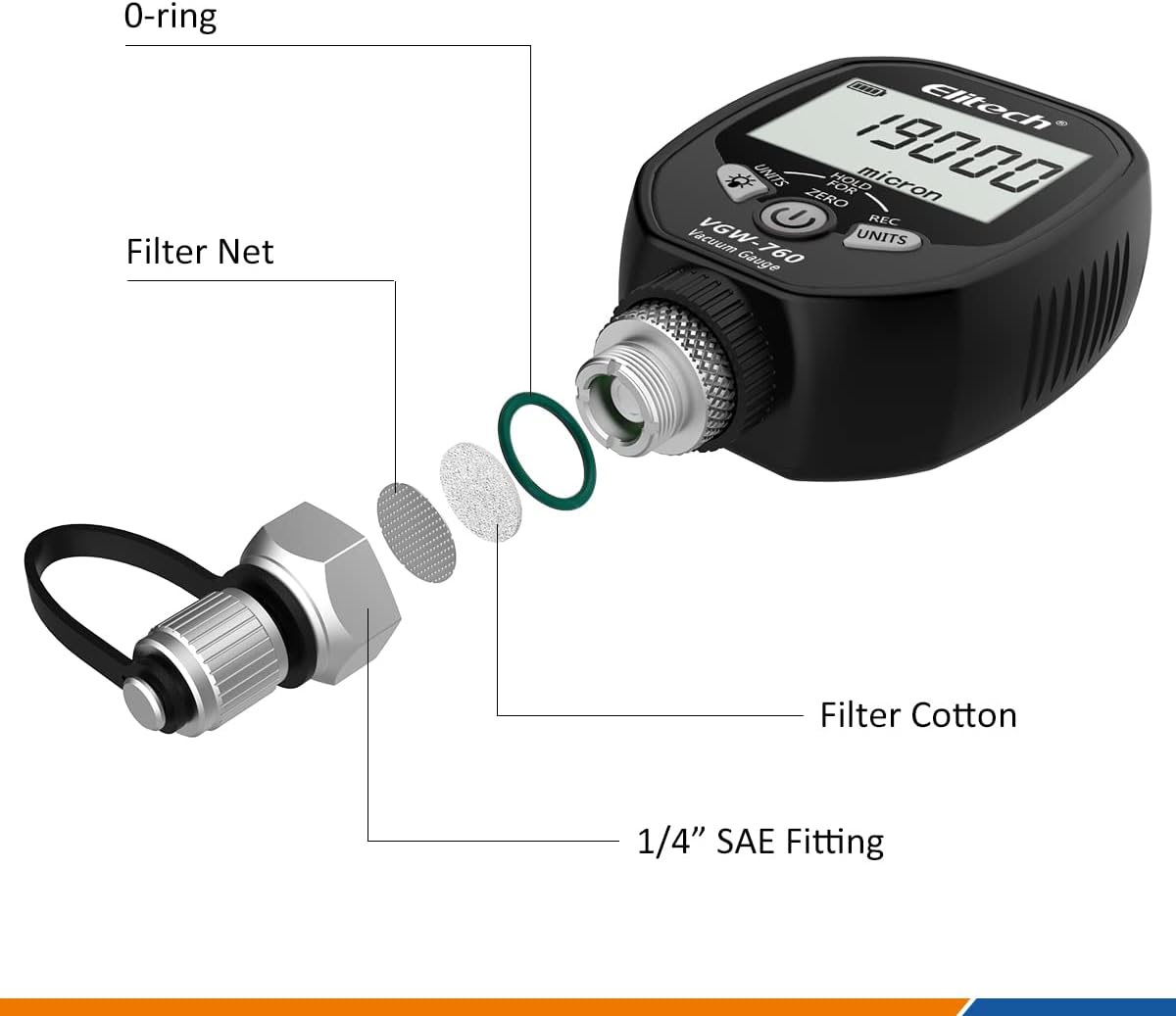 Elitech VGW-760 Wireless Digital Vacuum Gauge Micron Gauge for HVAC Micron Meter Refrigerant Vacuum Meter Leakage Test 1/4