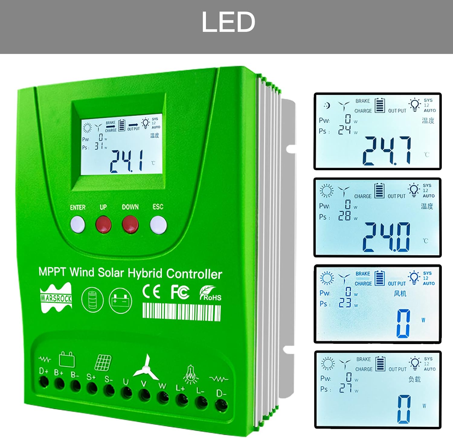 Mars Rock 2000W 12V 24V 48V 0~1000W Wind 0~1000W Solar MPPT Wind Solar Hybrid Controller Pioneer Version Charge Lithium & Lead Acid Gel Battery (12/24V Auto)