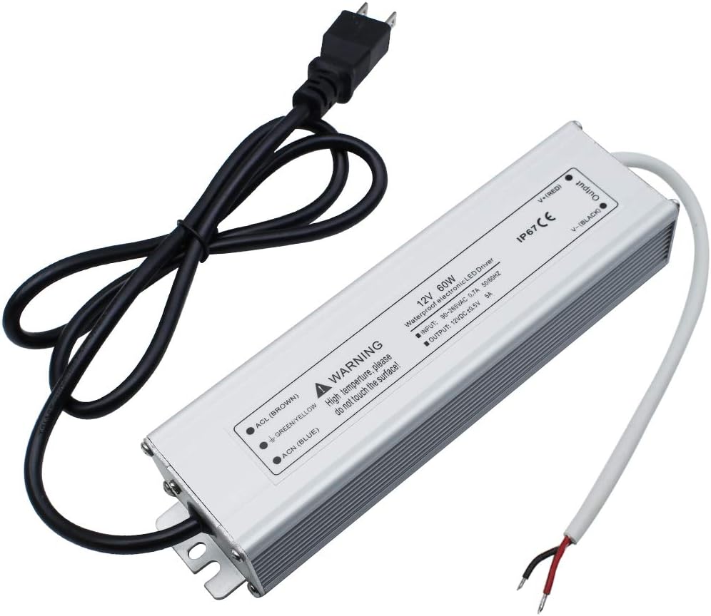 LightingWill Waterproof IP67 LED Power Supply Driver Transformer 60W 110V AC to 12V DC Low Voltage Output with 3-Prong Plug 3.3 Feet Cable for Outdoor Use