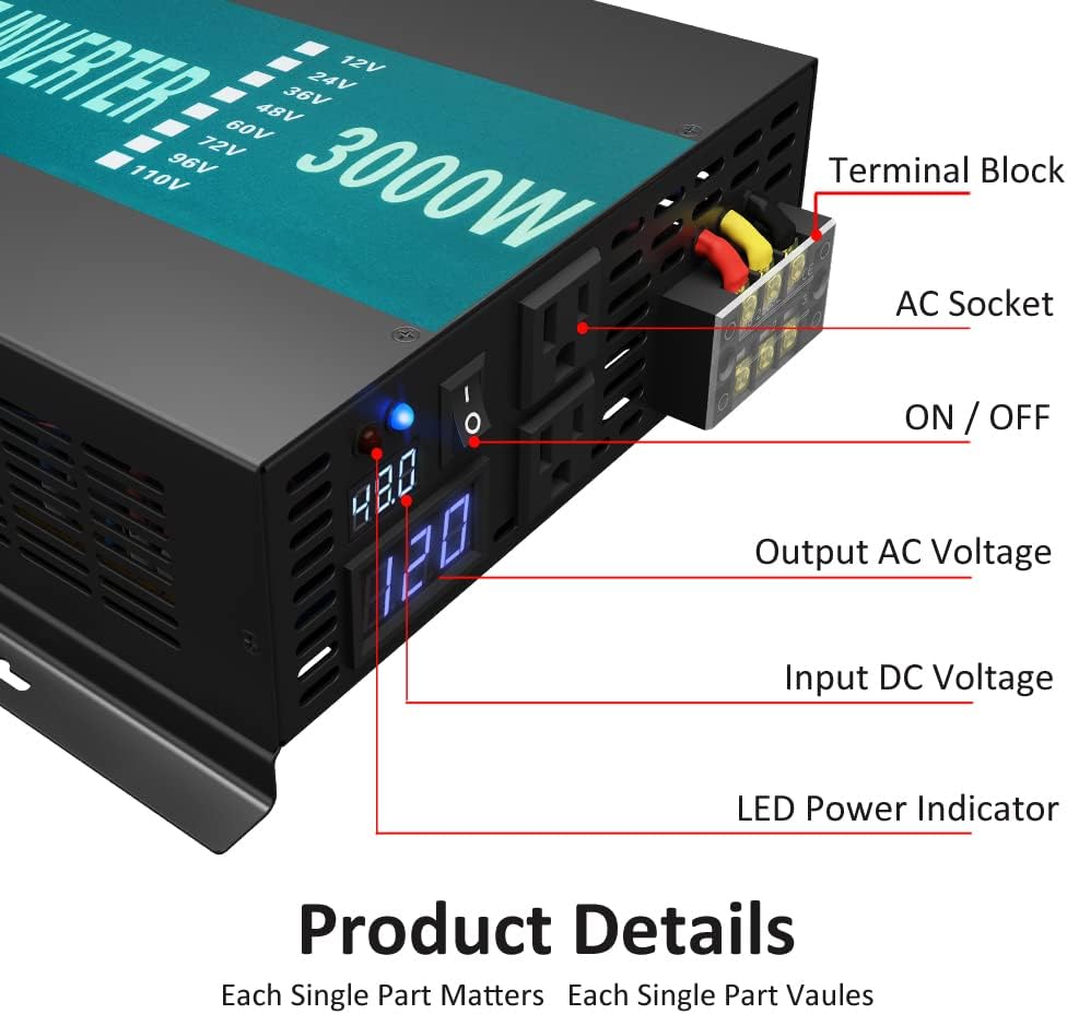 WZRELB 3000W 48V 120V Pure Sine Wave Power Inverter Remote Control with 2 AC Outlets,Car Inverter (RBPRC-300048)