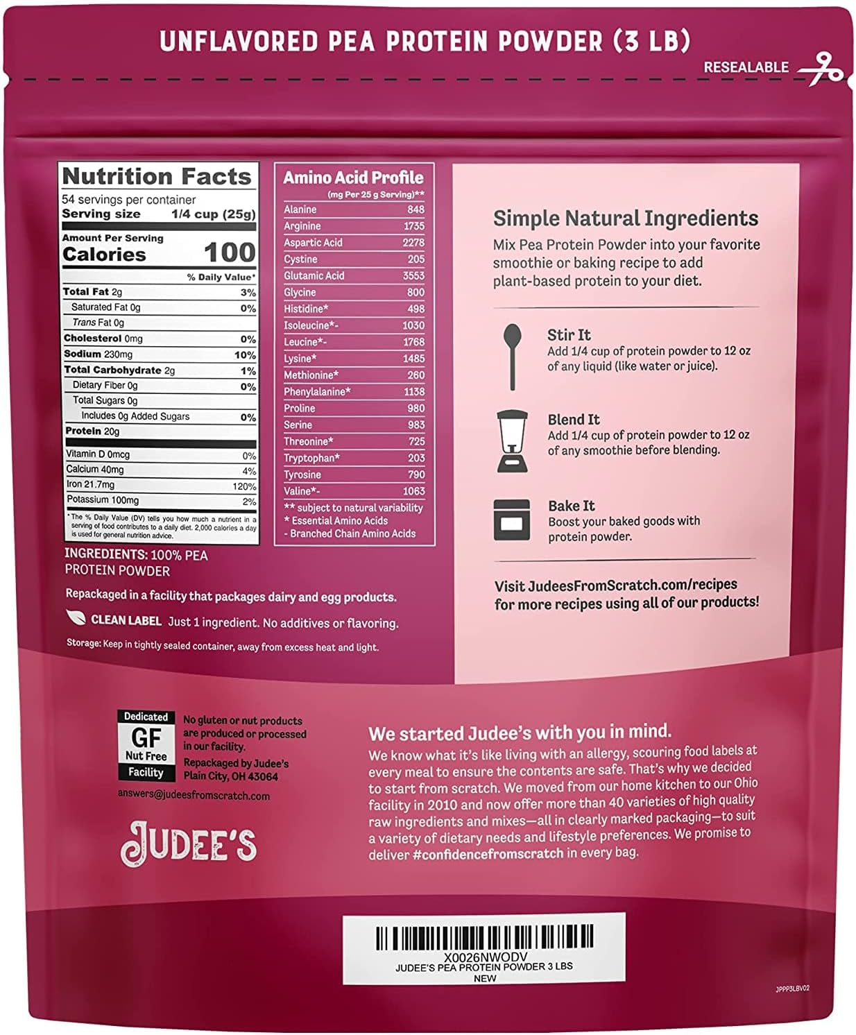 Judee’s Bulk Unflavored Pea Protein Powder (80% Protein) 45 lb (3lb Pack of 15) - 100% Non-GMO, Keto-Friendly, Vegan - Dairy-Free, Soy-Free, Gluten-Free & Nut-Free - Easily Dissolve in Liquids