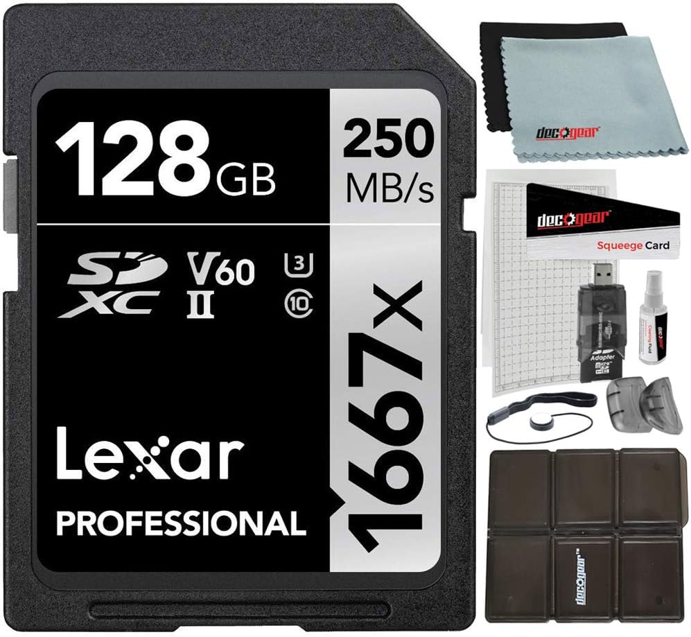 Lexar LSD128CBNA1667 Professional 1667x 128GB SDXC UHS-II Memory Card 250MB/s Read, 90MB/s Write Bundle with Accessory Kit Card Reader, Case, LCD Screen Covers, Lens Cleaning Kit & Lens Cap Keeper Pack of 2