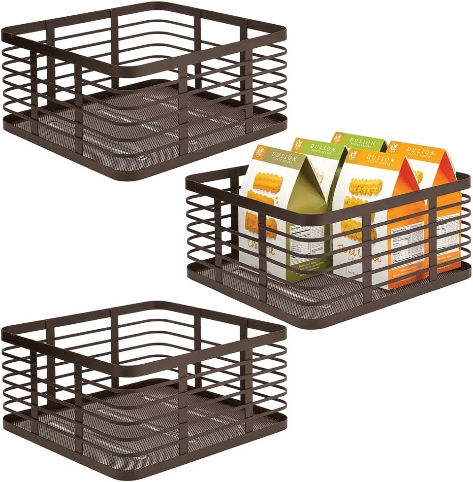 mDesign Modern Decor Metal Wire Food Organizer Storage Bin Baskets for Kitchen Cabinets, Pantry, Bathroom, Laundry Room, Closets, Garage - 3 Pack - Black Pack of 2