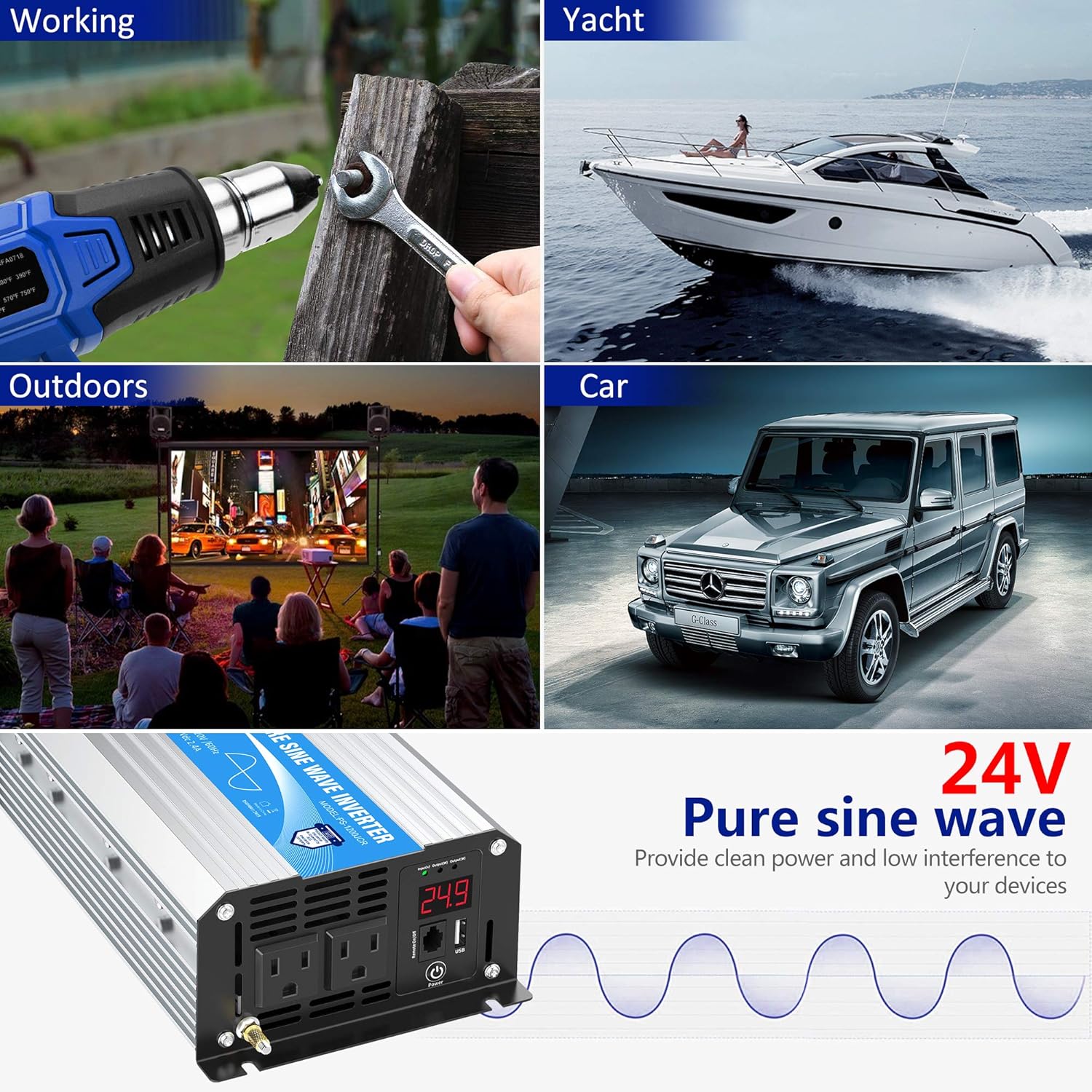 24V Pure Sine Wave Power Inverter 1200W DC 24V to AC 120V with Remote Controller and LED Display 2.4A USB Port Dual AC Outlets for RV Car Emergency
