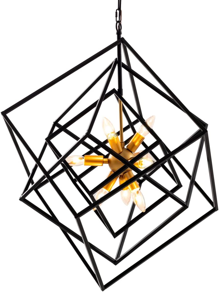 Elyccupa 9 Lights Industrial Chandelier with Black and Antique Brass Brush Paint Finish Adjustable Modern Square Lantern Cage Pendant Light for Bedroom Kitchen Dining Room Foyer Entryway