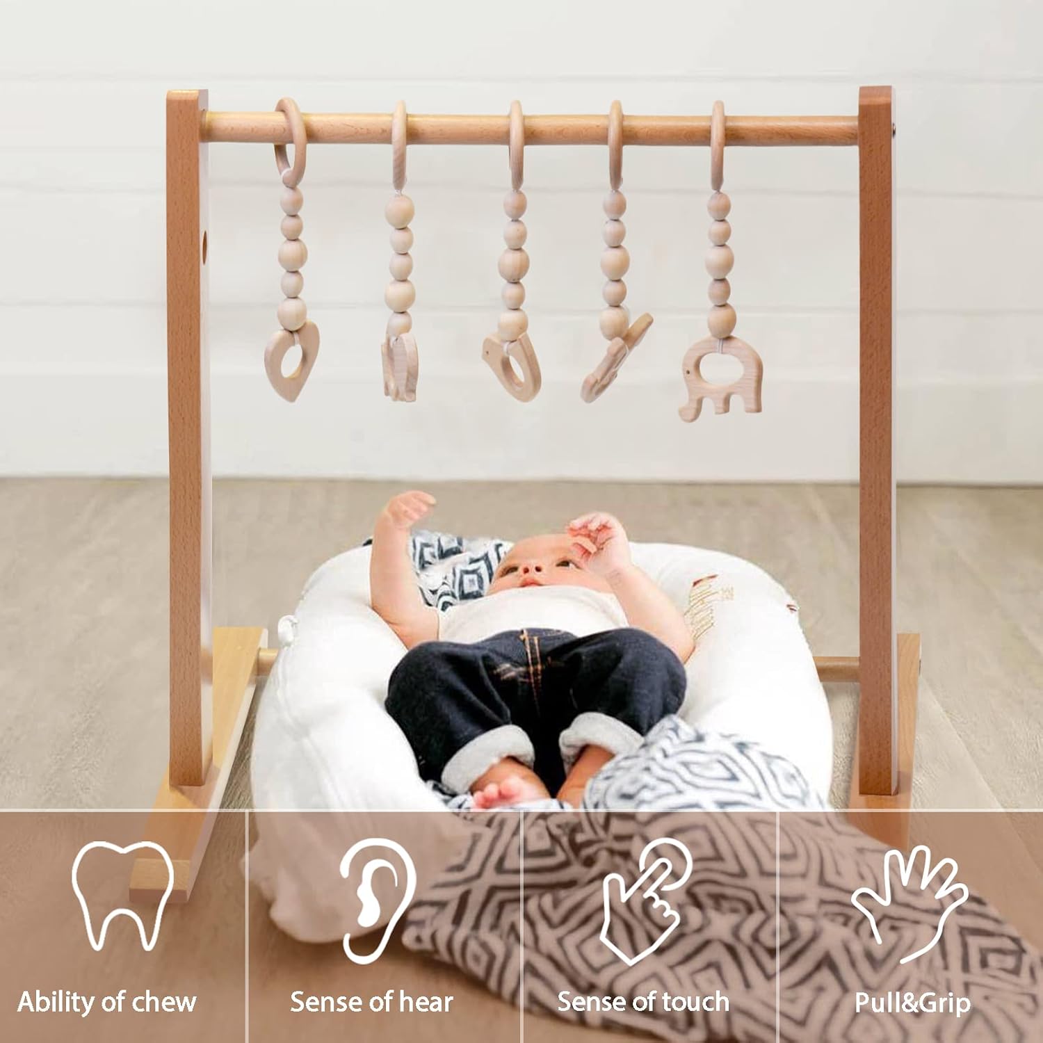 Wooden Baby Gym, GIFOYN Baby Gym with 5 Wooden Baby Toys Height Adjustable Baby Play Gym Frame Activity Gym Hanging Bar Newborn Gift Baby Girl and Boy Gym Pack of 2
