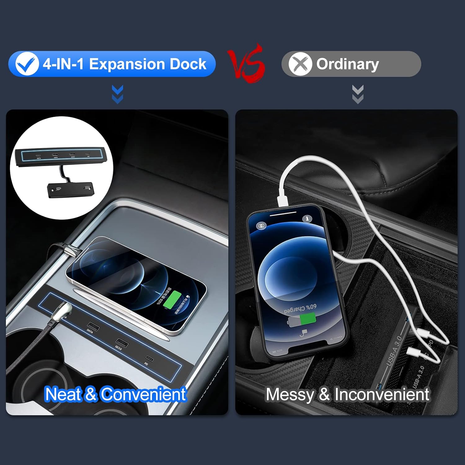 MOYOON Tesla Model Y/3 USB Hub Port Adapter, Data Hub Compatible Docking Station of Center Console,Smart Sensor 4 in 1 USB Hub Center Console Adapter,Fit for 2021 2022 Tesla Pack of 2