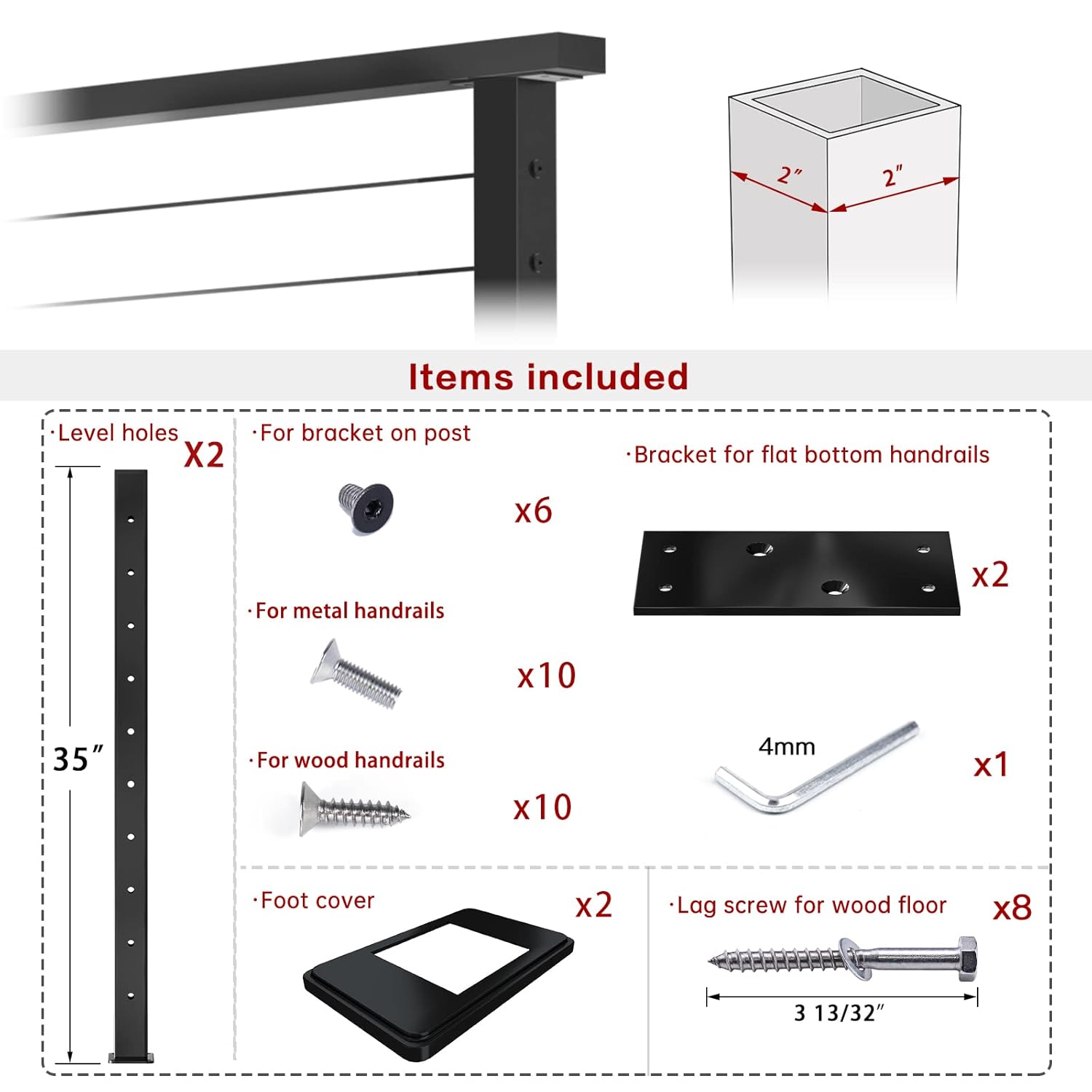 Muzata 2pack Cable Railing Post Square Flat top 36