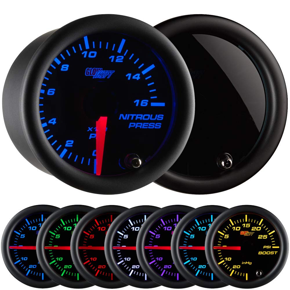 GlowShift Tinted 7 Color 1,600 PSI Nitrous NOS Pressure Gauge Kit - Includes Electronic Sensor - Black Dial - Smoked Lens - 2-1/16