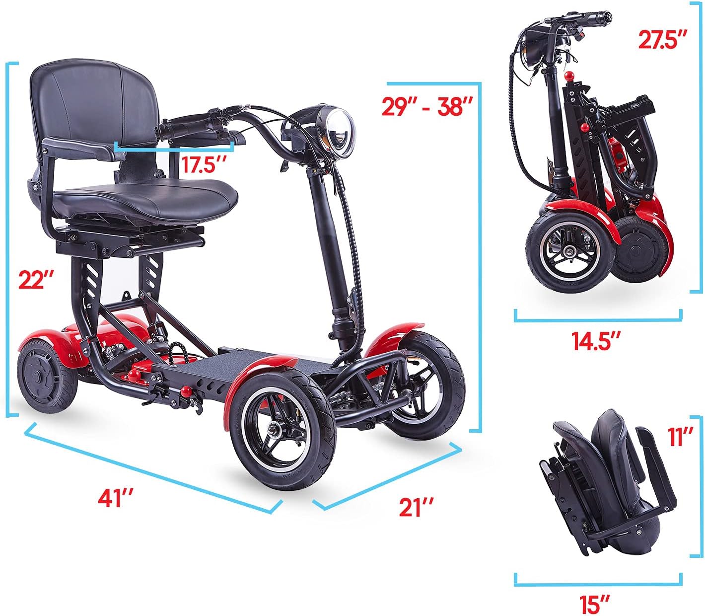 ActiWe Electric Powered Motorized Transformer 4 Wheel Mobility Scooter with Seat for Adults- All Terrain Weatherproof Heavy Duty Folding Electric Wheelchair for Seniors (Red)