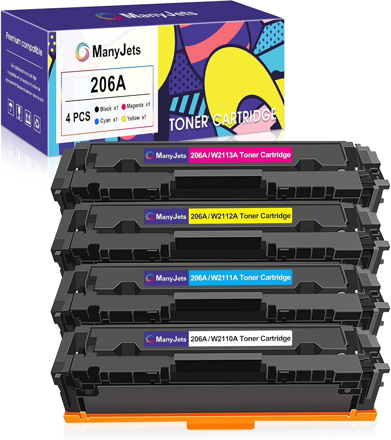 ManyJets 206A Compatible Toner Cartridge Replacement for HP W2110A 206A 206X W2110X Work with HP M283fdw M255dw M283cdw M282nw Printer (Black Cyan Yellow Magenta,4-Pack) Pack of 2