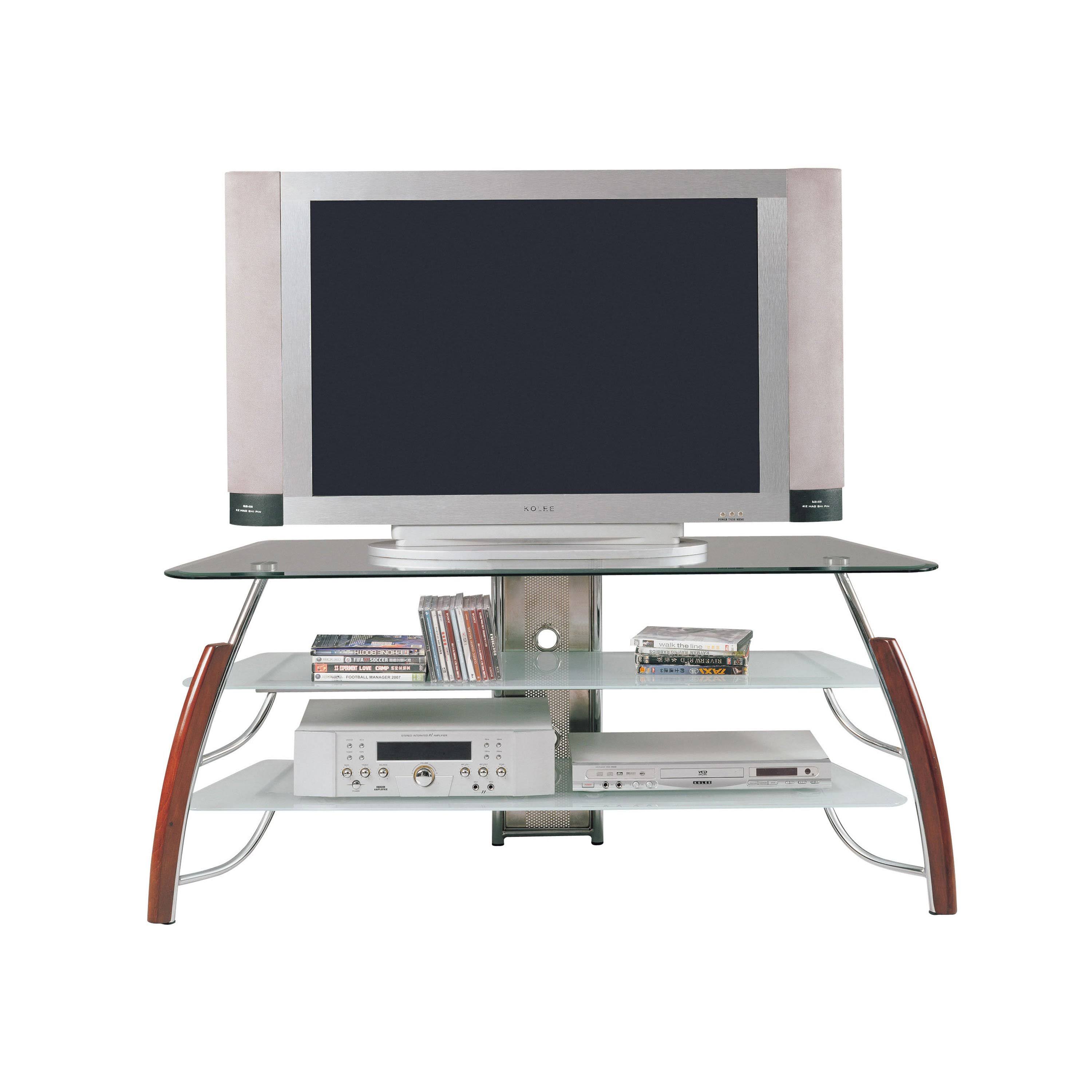 18x22 x 50x22 x 22x22 Metal Wood Compact TV stand. Glass Top: 8mm Clear Glass with Beveled Edge