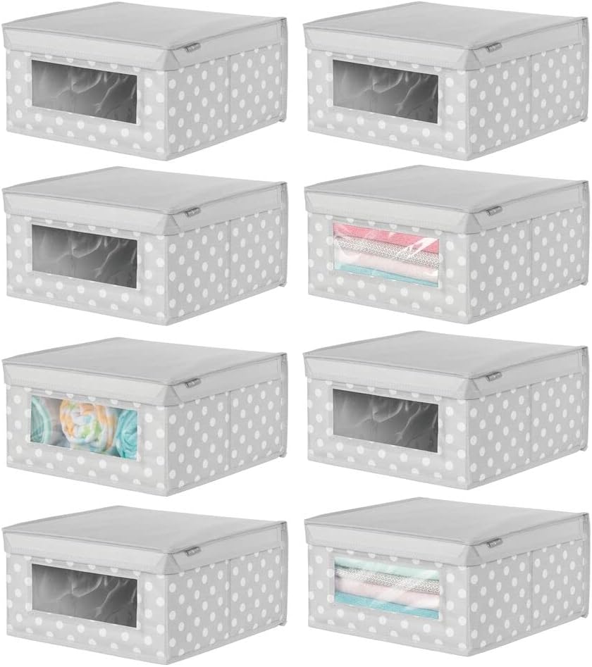 mDesign Soft Stackable Fabric Closet Storage Organizer Holder Box - Clear Window, Attached Lid, for Child/Kids Room, Nursery - Polka Dot Print - Small, 8 Pack - Turquoise Pack of 2