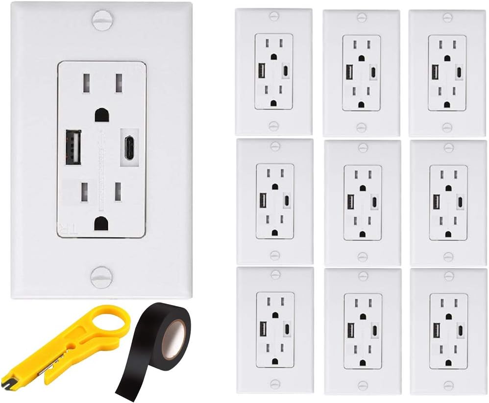 Teklectric 4.2A High Speed Dual USB Receptacle 15A Tamper Resistant Receptacle & Free Wall Plate, White (10 Pack)