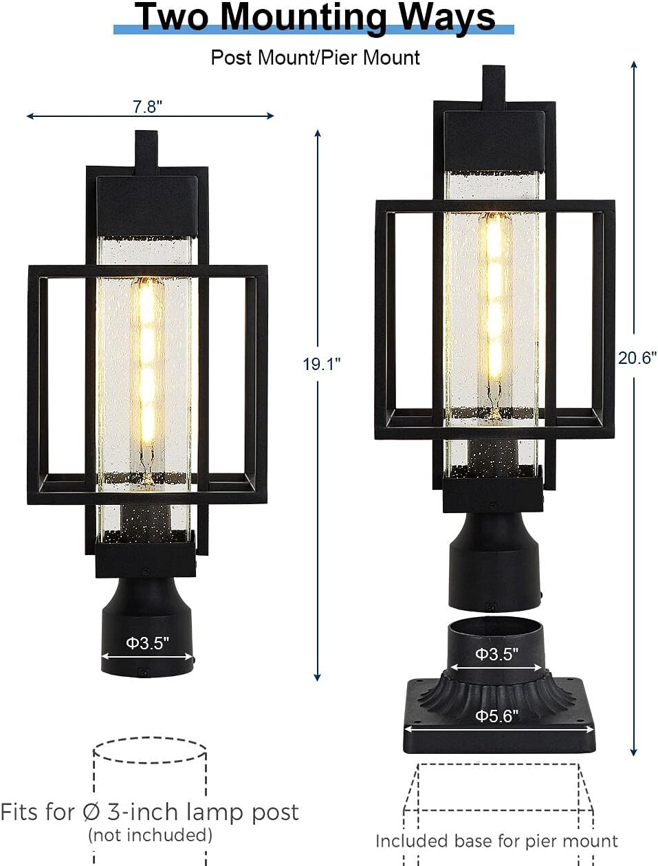 Modern Outdoor Post Light Exterior Post Lantern with 3-Inch Pier Mount Base, 20