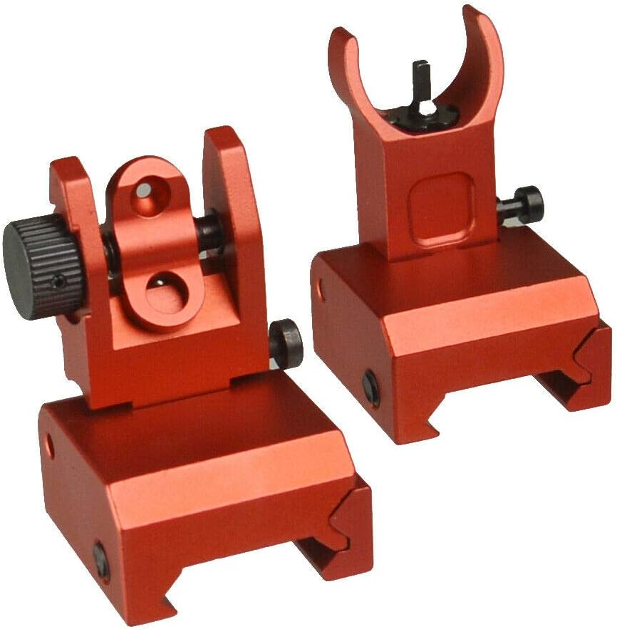 DB TAC INC Aluminum Red Color BUIS Iron Sights Front and Rear Flip Up for Picatinny/Weaver Pack of 2