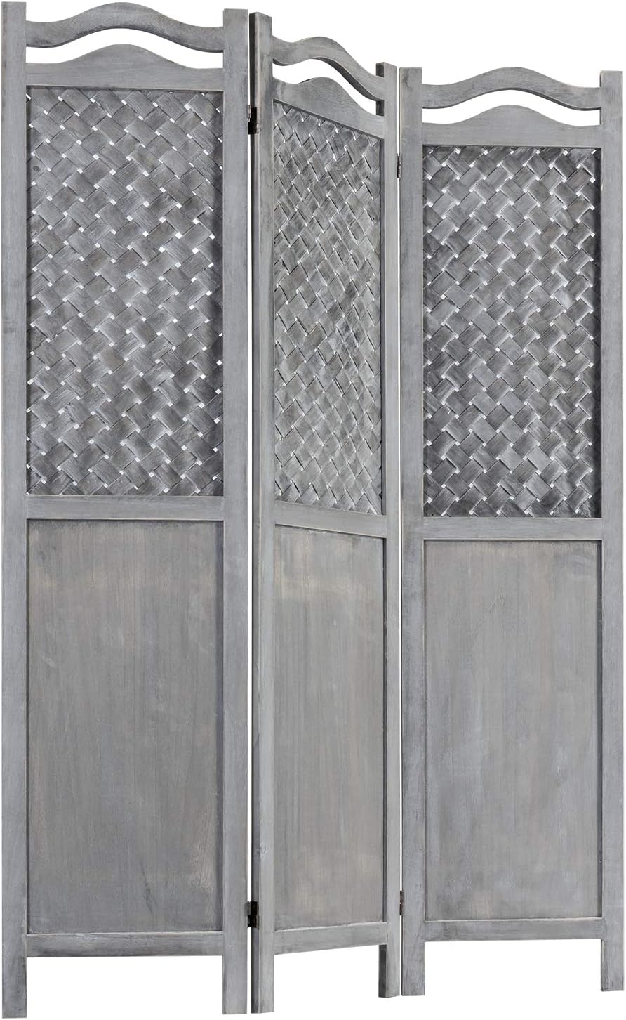 MyGift 3-Panel Decorative Vintage Gray Woven Folding Screen & Wood Framed Privacy Panel Room Divider
