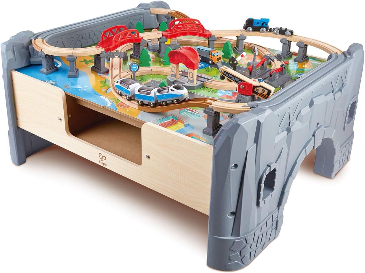 Hape E3766 70 Piece Railway Train Table and Set Toy with Battery Powered Locomotive with Removable Playmat Surface and Storage for Kids 3 Years and Up