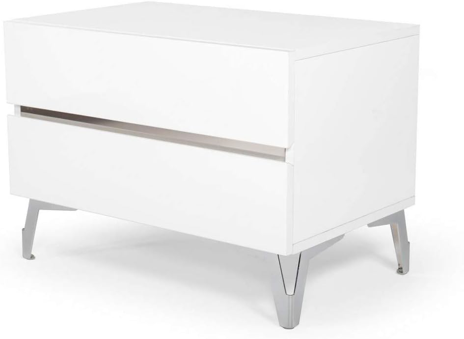 Limari Home Amato Collection Modern Style Bedroom Italian High Gloss Finished Nightstand With 2 Drawers, Stainless Steel Accents & Legs, White